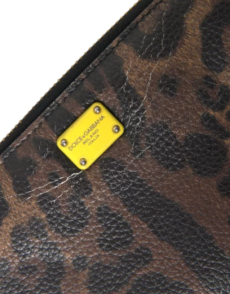 Brown Leopard Leather DG Zip Around Continental Wallet