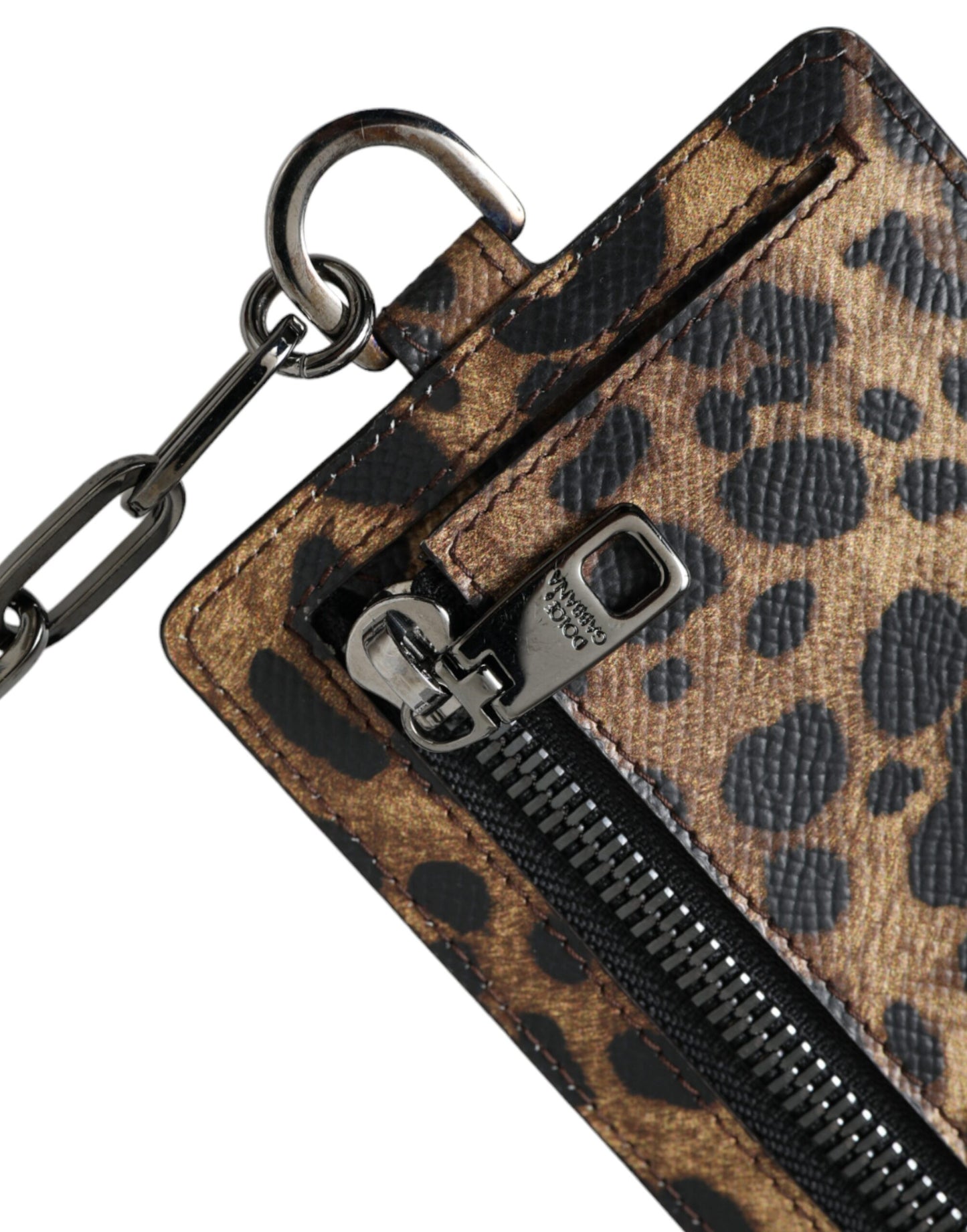 Brown Leather Leopard Print Logo Plaque Cardholder Wallet