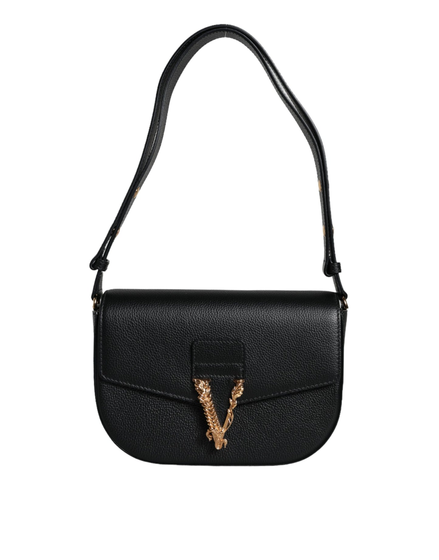 Black Grainy Calf Leather Logo Crossbody Shoulder Bag