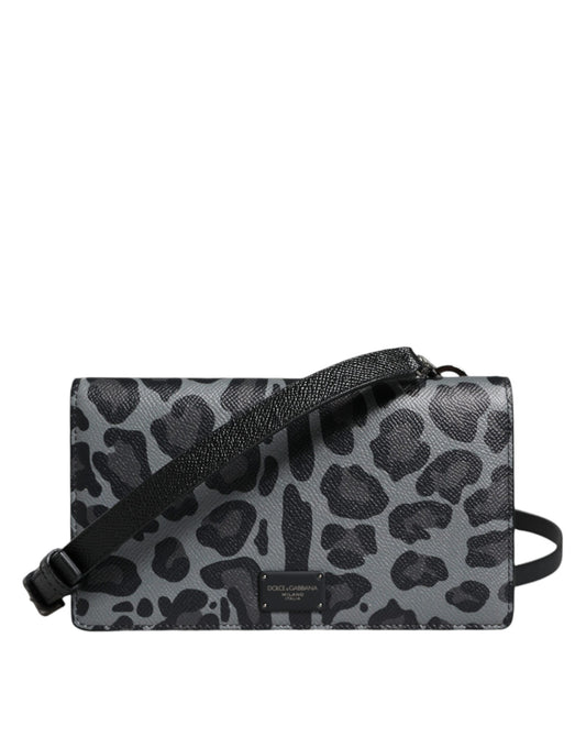 Black Gray Leopard Leather Bifold Card Slot Crossbody Bag